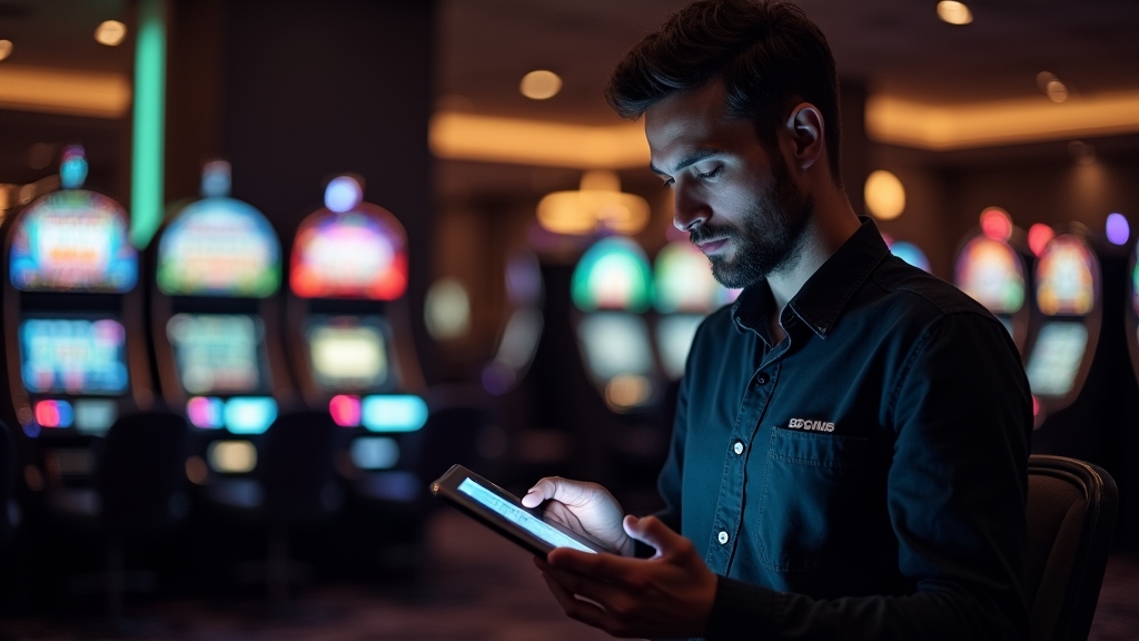 Player reviewing wagering and withdrawal rules on a tablet in a casino