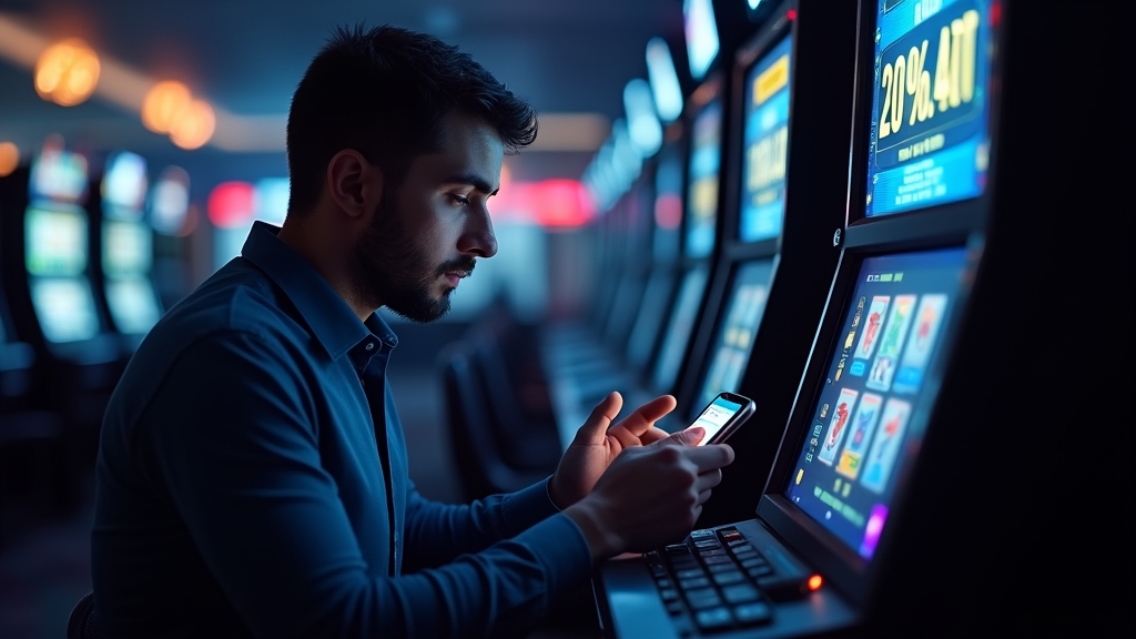 Player checking a no deposit bonus offer beside a slot machine