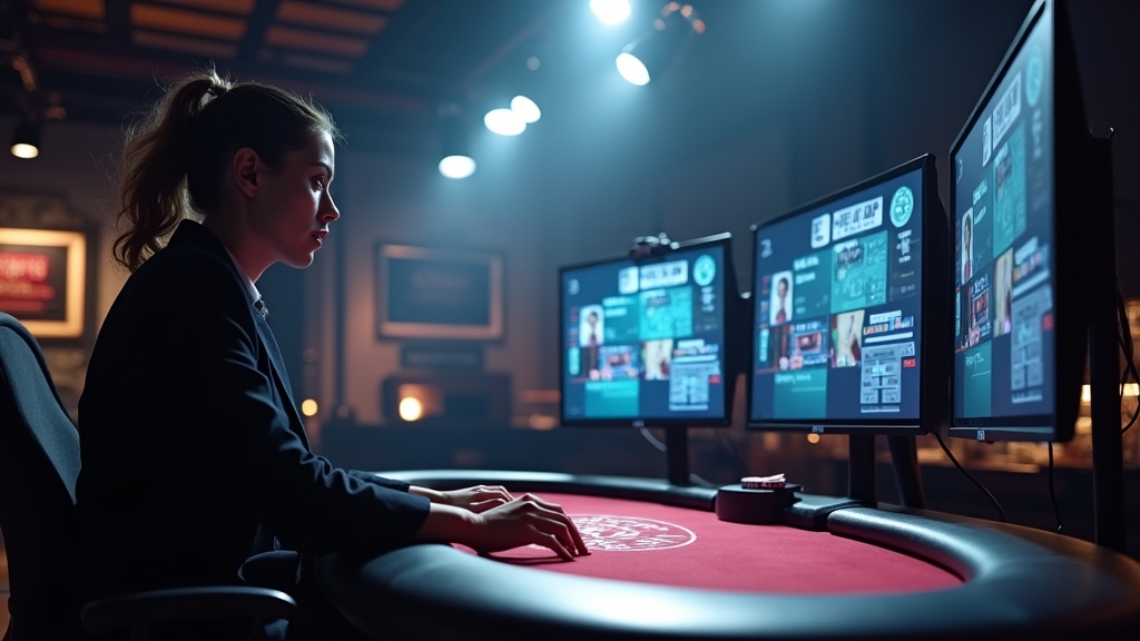 Live dealer speaking at a table with camera monitors and chat overlays in a casino studio