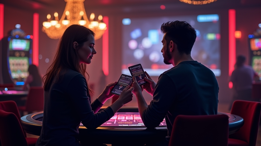 Player viewing new casino bonus offers on a glowing screen in a dark casino
