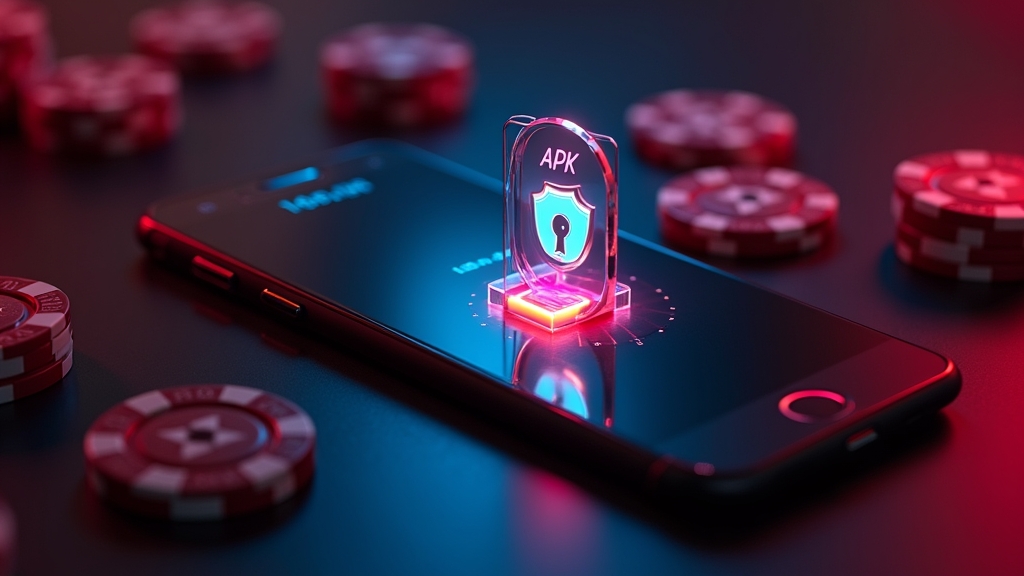 Smartphone installing an APK file with security shield in a casino-style neon scene