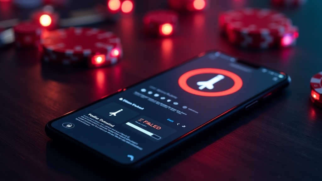 Smartphone showing a failed app download and troubleshooting icons in a casino neon scene