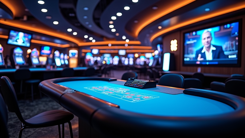 Live dealer table with streaming cameras and a dealer in a dark casino studio